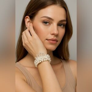 957- Bride Hair Holder Accessories Faux Pearls Crown Elastic Bands Handmade NWT